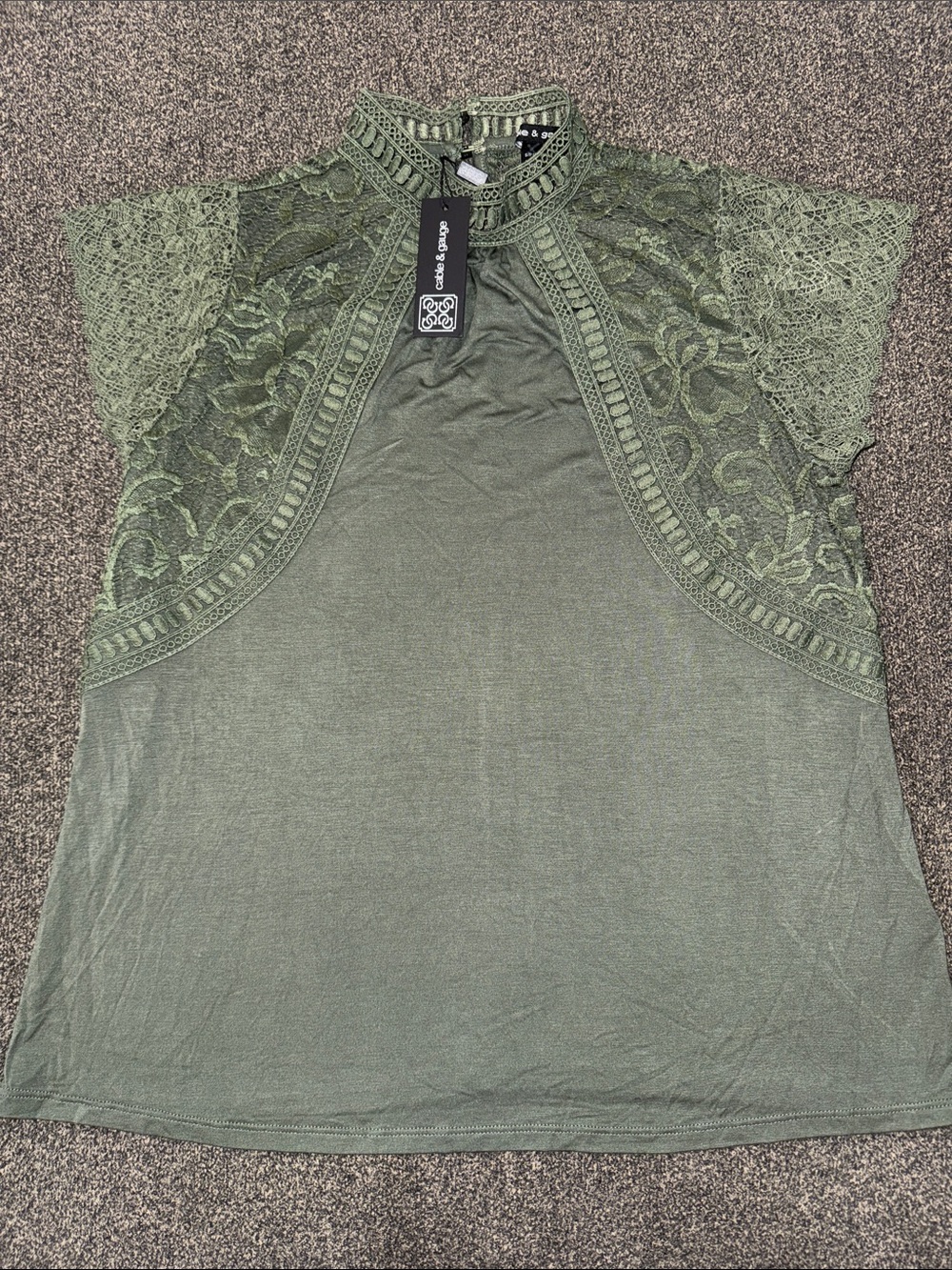 NWT Cable & Gauge Olive Green Lace-Detail Short Sleeve Mock Neck shirt